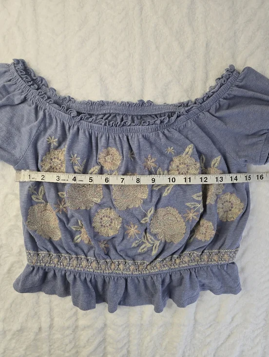 American Eagle Crop Top Blue Embroidered Floral Off Shoulder Short Sleeve M - Picture 11 of 12